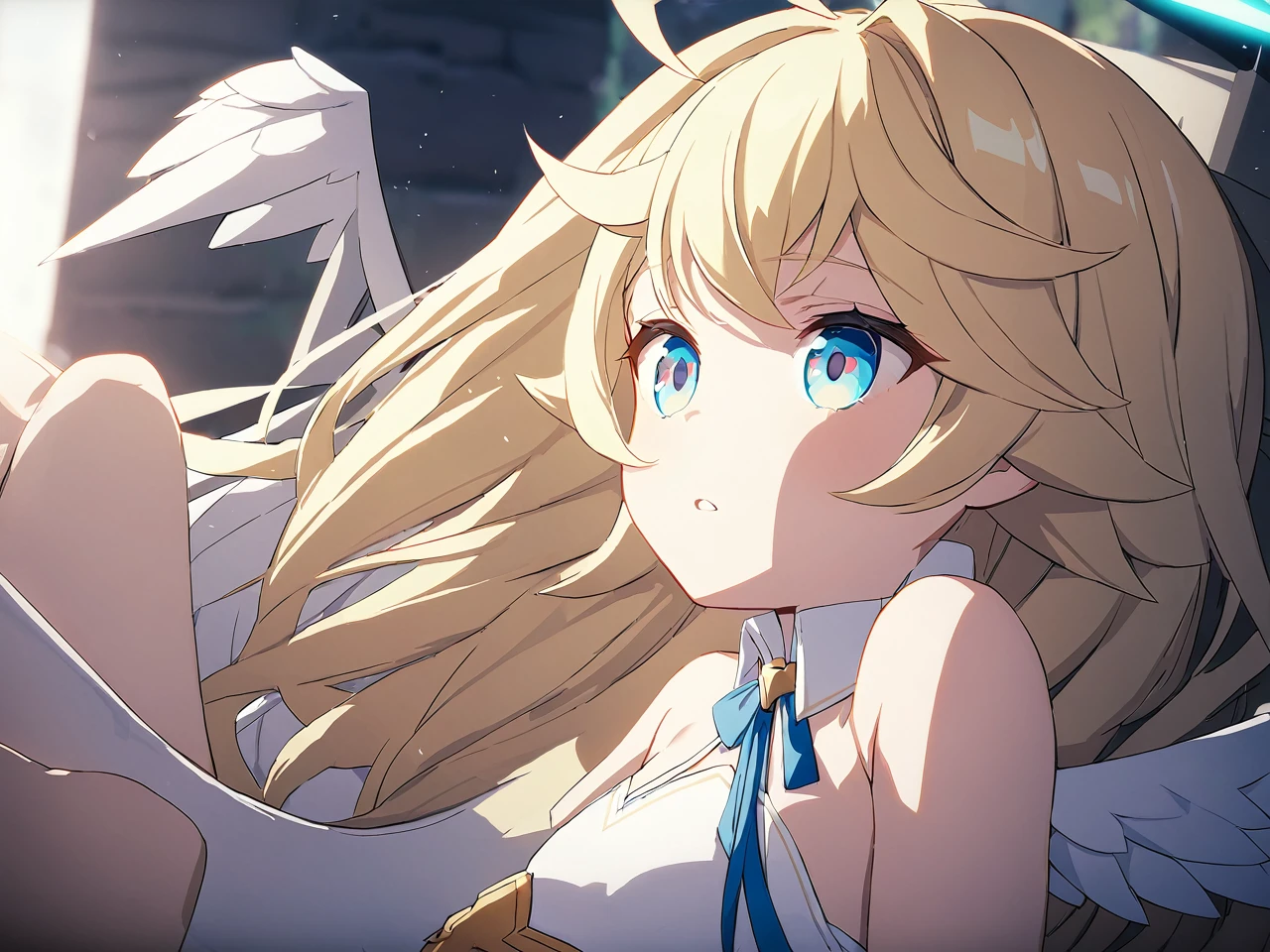 Zaora, blue eyes, (Variegated eyes:0.5), Blonde, Very long hair, Twin Blade, bangs, Ahoge, Hello, Angel, Flat Chest, White Dress, Belly button cutout, Detachable collar, Strapless, Neck ribbon, Bare shoulders, Angel wings, barefoot, One girl, Solo Break Space, grassland, Lying down, Upper Body, Depth of written boundary, Cinematic, masterpiece, Highest quality, Game CG