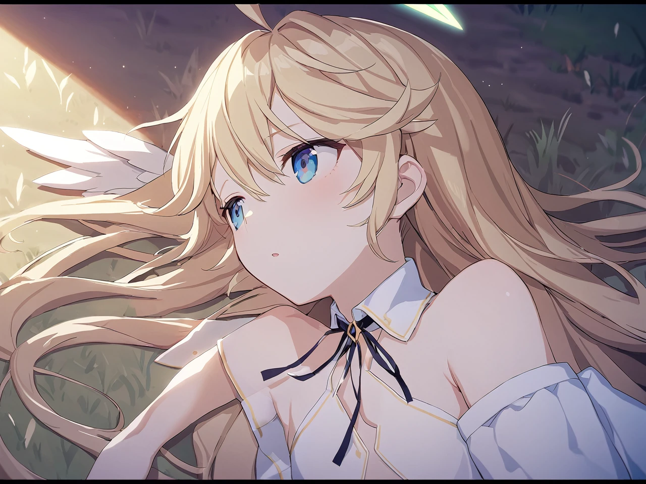 Zaora, blue eyes, (Variegated eyes:0.5), Blonde, Very long hair, Twin Blade, bangs, Ahoge, Hello, Angel, Flat Chest, White Dress, Belly button cutout, Detachable collar, Strapless, Neck ribbon, Bare shoulders, Angel wings, barefoot, One girl, Solo Break Space, grassland, Lying down, Upper Body, Depth of written boundary, Cinematic, masterpiece, Highest quality, Game CG