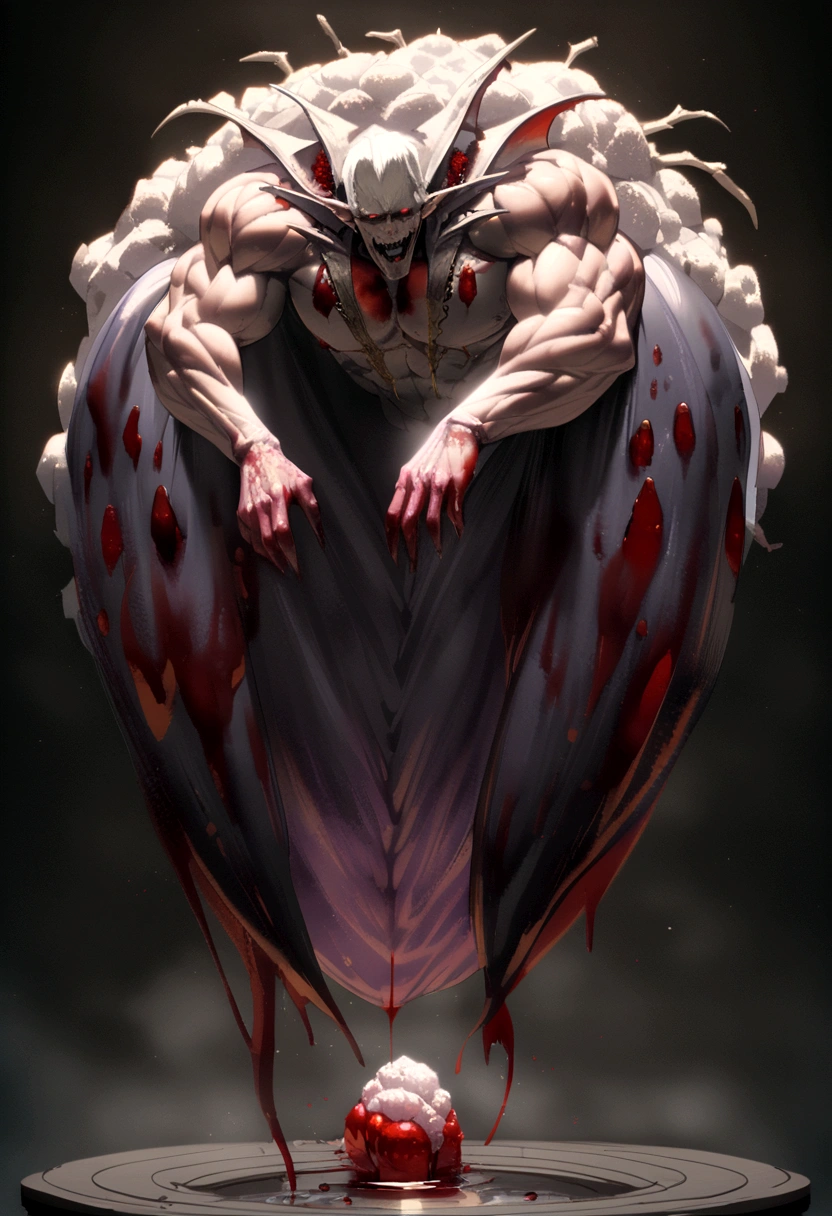 Elder Vampire, exposed bones and muscle tissue, glare eyes, Sexy muscular, emerging from a bloody cocoon, blood-soaked, midnight aura', (full body: 1.9)