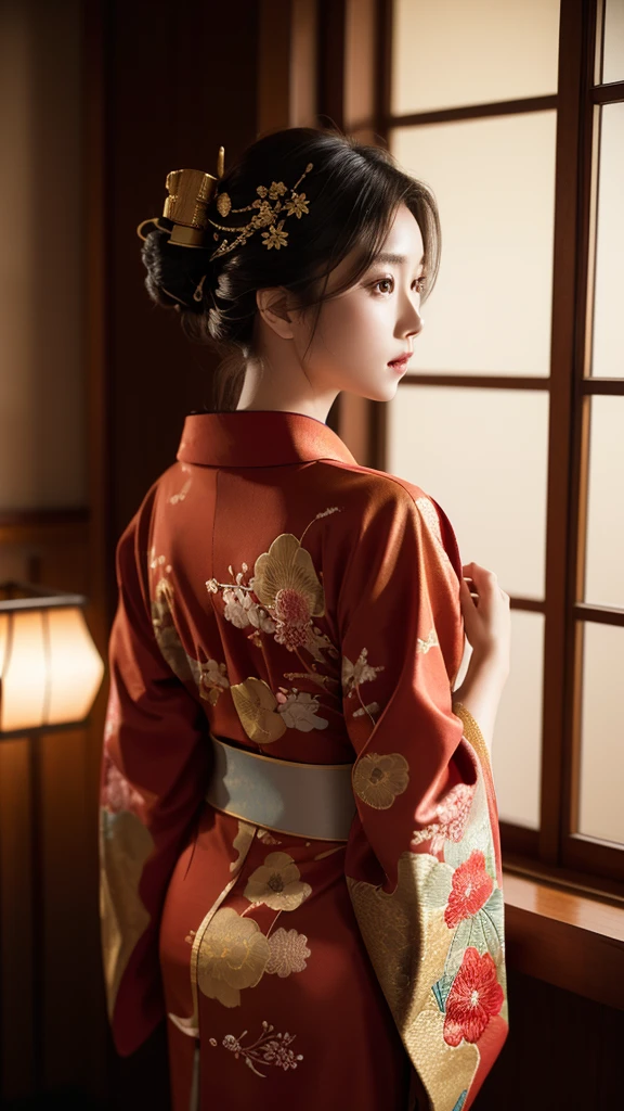 A beautiful girl wearing a red kimono with golden details, seen from behind and looking back, highly detailed, photorealistic, 8k, (best quality:1.2), (realistic:1.37), warm colors, dramatic lighting, detailed texture, elegant hairstyle, detailed kimono patterns, intricate embroidery, (masterpiece:1.2), crisp focus, cinematic composition
