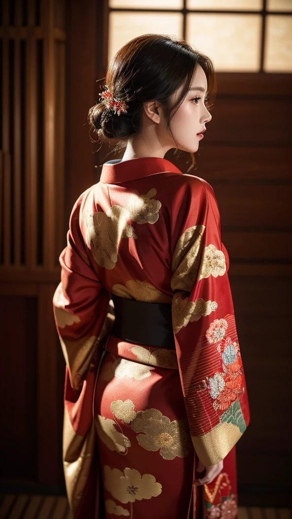 A beautiful girl wearing a red kimono with golden details, seen from behind and looking back, highly detailed, photorealistic, 8k, (best quality:1.2), (realistic:1.37), warm colors, dramatic lighting, detailed texture, elegant hairstyle, detailed kimono patterns, intricate embroidery, (masterpiece:1.2), crisp focus, cinematic composition