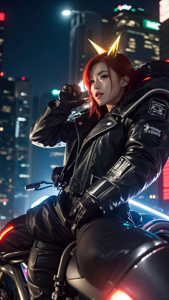 movieのような photo of cyberpunk Bowser \(Mario\) night、Riding a silver sci-fi armored cybernetic bike, Dynamic pose, Fine grain, Has a green shell, Redhead, spike, Small Corner, Gezi Gezi eyebrows, Open your mouth, high tech, Deep Shadow, Vibrant, Vivid, Sophisticated, Modern, movieのような, Super detailed, Professional, Cyberpunk Theme . 35mm Photography, movie, Bokeh, Professional, 4K, Very detailed