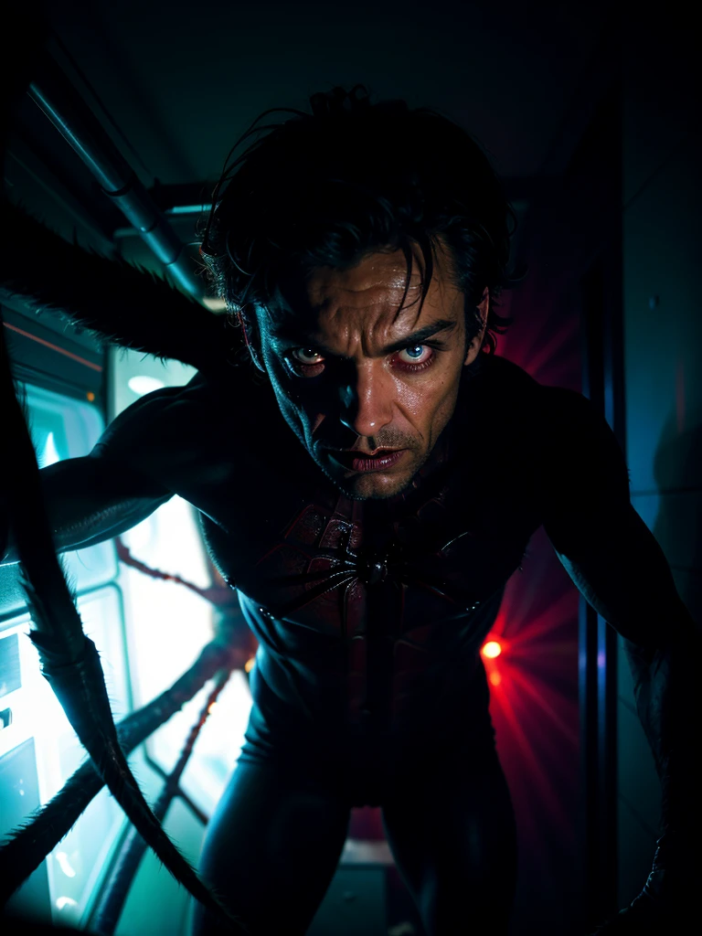photo in horror style, mutant, scary creature, man and spider, in a dark room of a space station, looking out of the darkness, gothic lighting, depth of field, bokeh