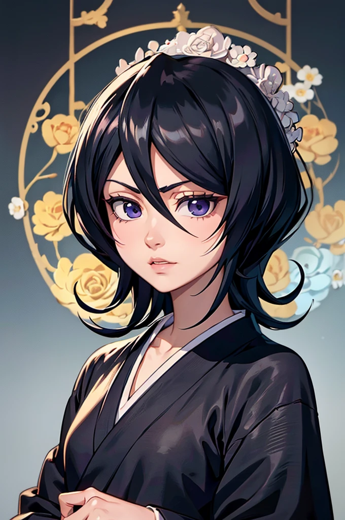 rich in detail, incredible lines and detailed colors, amazing detailed face, amazing detailed hair, incredible detailed eye, amazing detailed nose, amazing detailed lips. a young and beautiful girl wearing a black kimono and with her hair combed. with happy expression rukia kuchiki.