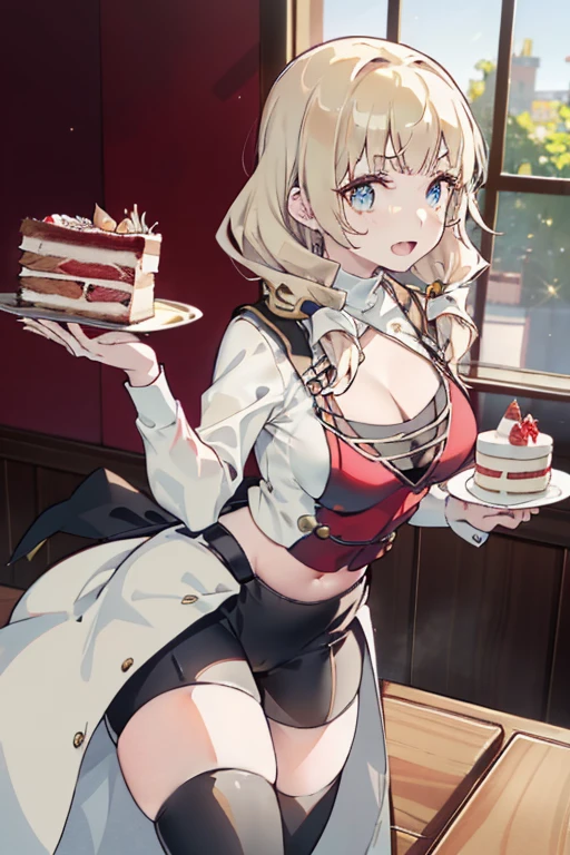 (dynamic angle:1.3, front view:1.1, breast focus:1.3, from above:1.1), (dynamic posing:1.2, sexy posing:1.2), (seductive smiling:1.3), ((looking at cake,Taking a cake out of the golden oven, worried about the outcome:1.2)),highest quality、(real、photorealistic:1.4),(ultra high resolution, 8K RAW photo, clear focus), best qualtiy, natural lighting, field depth, (Bright pupils, detailed beautiful eyes, high detailed face), Red lip, (tight focus:1.2), a girl 22yo old, Wearing a pastry chef uniform:1.3 , Thicc, thin breast, long hair, blue eyes,garter stocking, cleavage:1.2, midriff, black shorts, black thighhighs, thigh strap, pretty girl, (highly detailed beautiful face and eyes,firm breasts),real skin,((black,hair,long pony tail hair)),thin pubic hair,cute,lovely, detailed eyes,(double breasted:1.0,under bust:1.0),(with sparkling eyes and a contagious smile),open mouth, Looking at Viewer,A scene of cooking in the kitchen,looking at the golden oven
