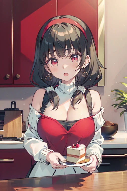 masterpiece, yor, 1girl, Amazing Cleavage:1.3, thin waist, big ass, Raised sexy, medium breast: 1.8 posed cleavage:1.2、solo, looking at viewer, open mouth, have a cup of coffee,black hair, red eyes, dress, bare shoulders, jewelry, collarbone, sidelocks, hairband, earrings, indoors, off shoulder, :o, sweater, arms behind back, plant, short hair with long locks, white hairband, off-shoulder dress, sweater dress, off-shoulder sweater, red sweater, big side hair, very long side hair,is rendered in (masterpiece: 1.2, best quality), with (ultra high resolution) and an exquisite (depth of field). This masterpiece is not only visually stunning but also tells, make of cake cooking ,in the kitchen
