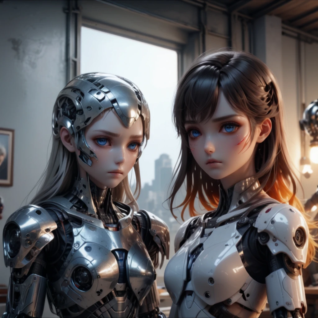 （best qualtiy，ultra - detailed，Best Illustration，Best shadow，masterpiece，A high resolution，professionalartwork，famous artwork），sci-fi，It depicts a young couple wearing colored sclera and a huge alien big cute with robot eyes， by Makoto Shinkai，by Artgerm，by wlop，by Greg Rutkowski，Volumetric lighting，octane render，4K，Trending on ArtStation，masterpiece