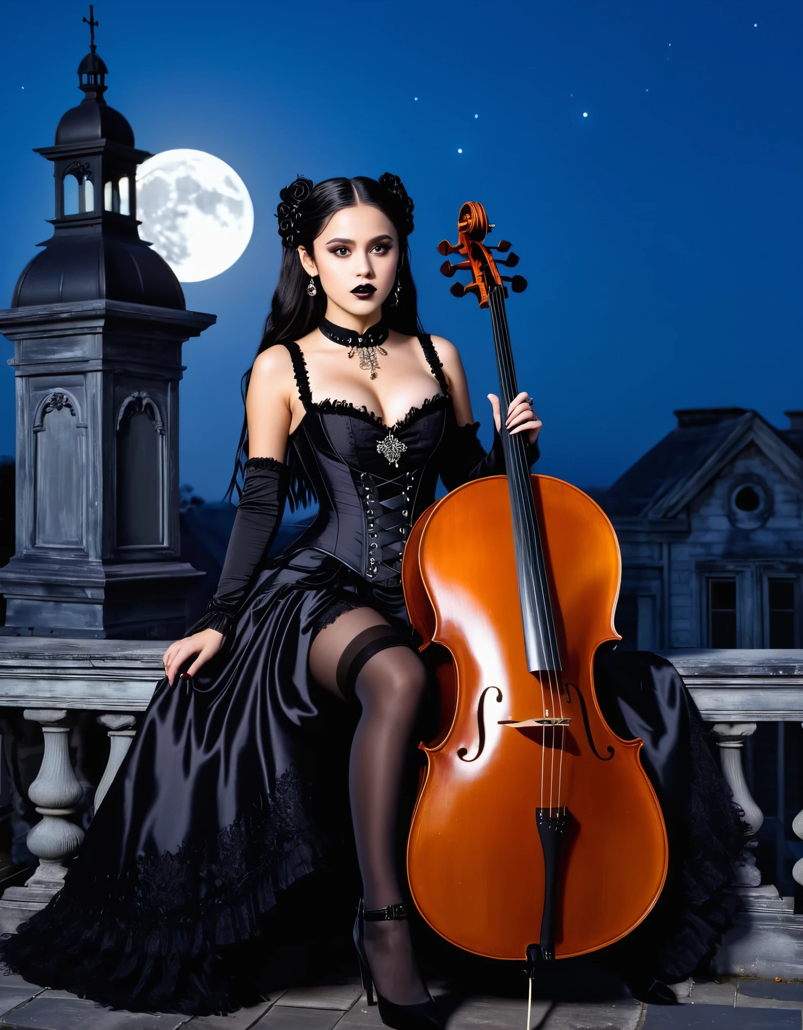 A young woman with long black hair styled in two braids and wears minimal makeup with dark eyeliner, black lipstick, sexy goth, Wednesday Addams (Jenna Ortega). Jenna Ortega as Wednesday Addams. The setting is on the roof top of an old decaying mansion at midnight with a big bright full moon in the background. Wednesday is sitting in an old luxury ornate high back chair (playing a large cello:1.6). She is wearing black ornate fabric choker, black corset, black short feathered dress with black stockings. A peculiar, lifelike severed hand is on her shoulder, adding an element of mystery. The lighting is eerie, coming from an unseen source, creating a since of mystery and intriguing atmosphere. Hyper realistic photo, vibrant colors, 16k.