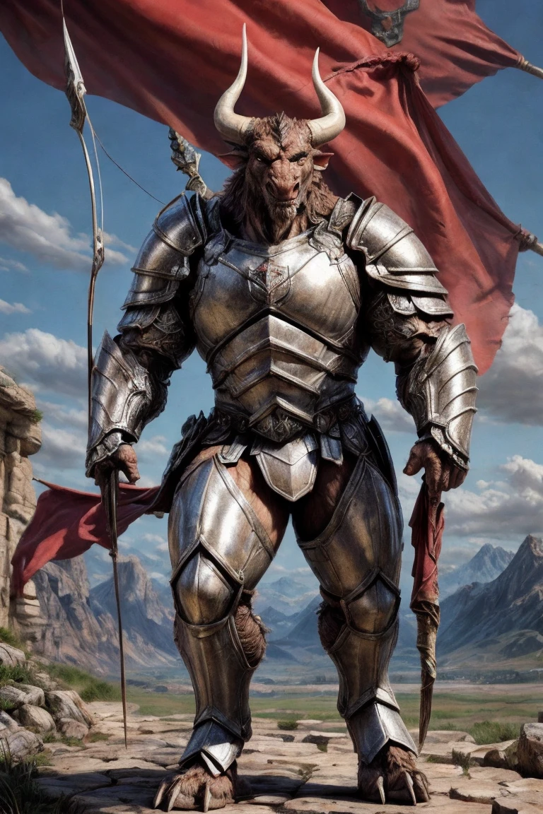 ((middle Ages:1.4，Range background:1.4))，Royal Family:1.2，((Heavy Crossbowman:1.3))，Sunlight，high resolution，4K，(((whole body:1.1，Strike a pose:1.2)))，masterpiece，high quality，((bull))，male，Minotaur，(teenager:1.3)，hairy，((brave，peaceful:1.4))，((Hand-held crossbow:1.3))，(((Lean:1.4，Long legs:1.3，Thick dragon tail:1.2)))，(((muscle:1.3)))，(((White Armor:1.3，There is a red flag on the armor:1.4)))，Mature face，Exquisite eyes，Detailed body，Detailed hands，Detailed feet，Kenket&#39;s Art,high_detailed_background, wide, wide_body, strong_body, muscular_body, visible_abs, ,, abs,big_pecs, visible_pecs, huge_body, warrior, confident,mane, hyper_body, hyper_torso, perfect_eyes,Huge pec, muscular pec, huge pec muscle, gigachad muscular, muscular!!, large muscles, big muscle, muscular!, powerful and huge, big muscles, muscular!!!, muscular characters, musclebound and hulking, giant and fat, as a titan, muscular!! sci-fi, massive muscles, strong and imposing, big arms extremely detailed,angry
