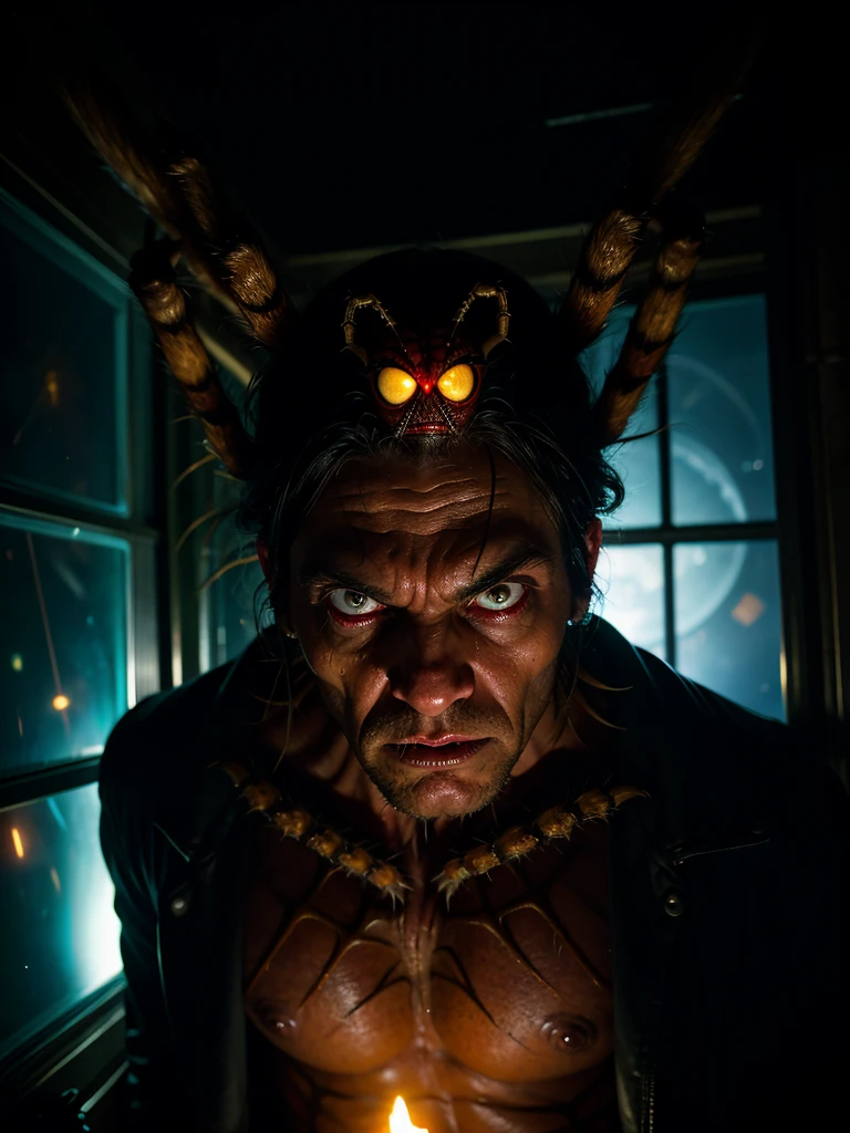 photo in horror style, mutant, scary creature, man and spider, in a dark room of a space station, looking out of the darkness, gothic lighting, depth of field, bokeh