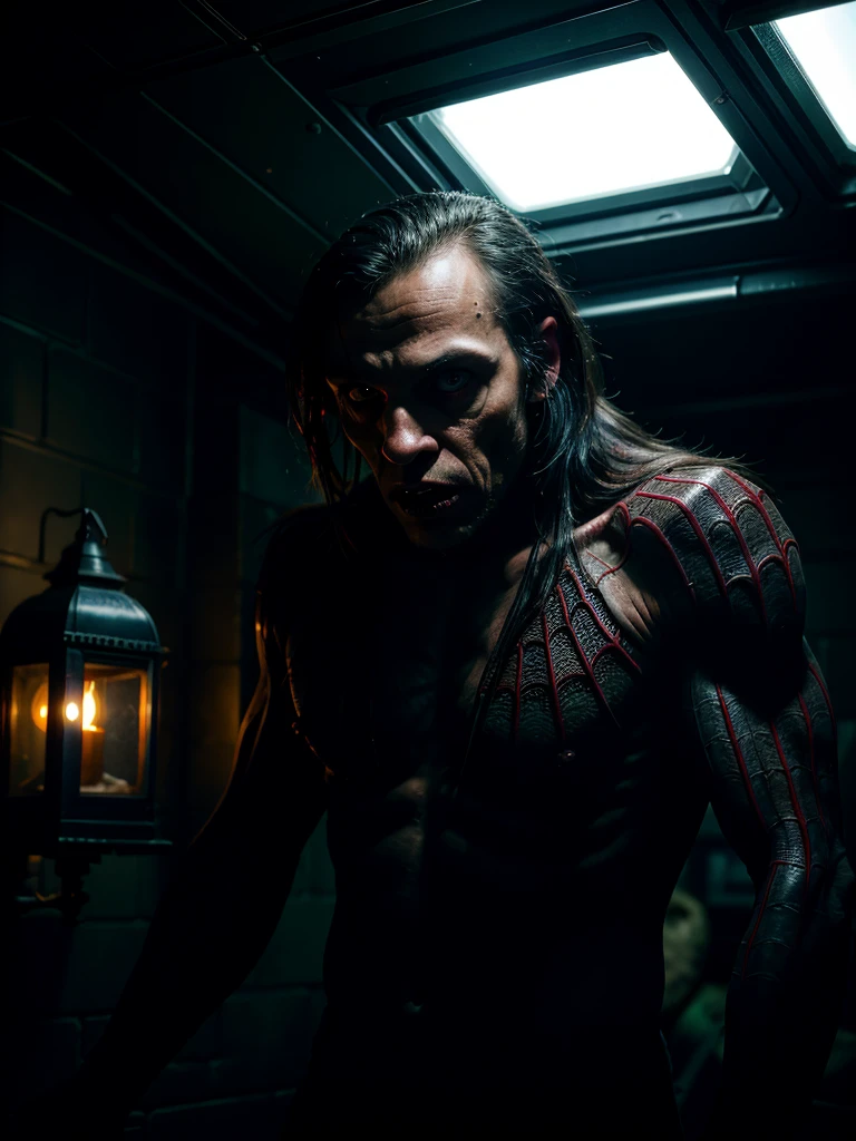 photo in horror style, mutant, scary creature, man and spider, in a dark room of a space station, looking out of the darkness, gothic lighting, depth of field, bokeh
