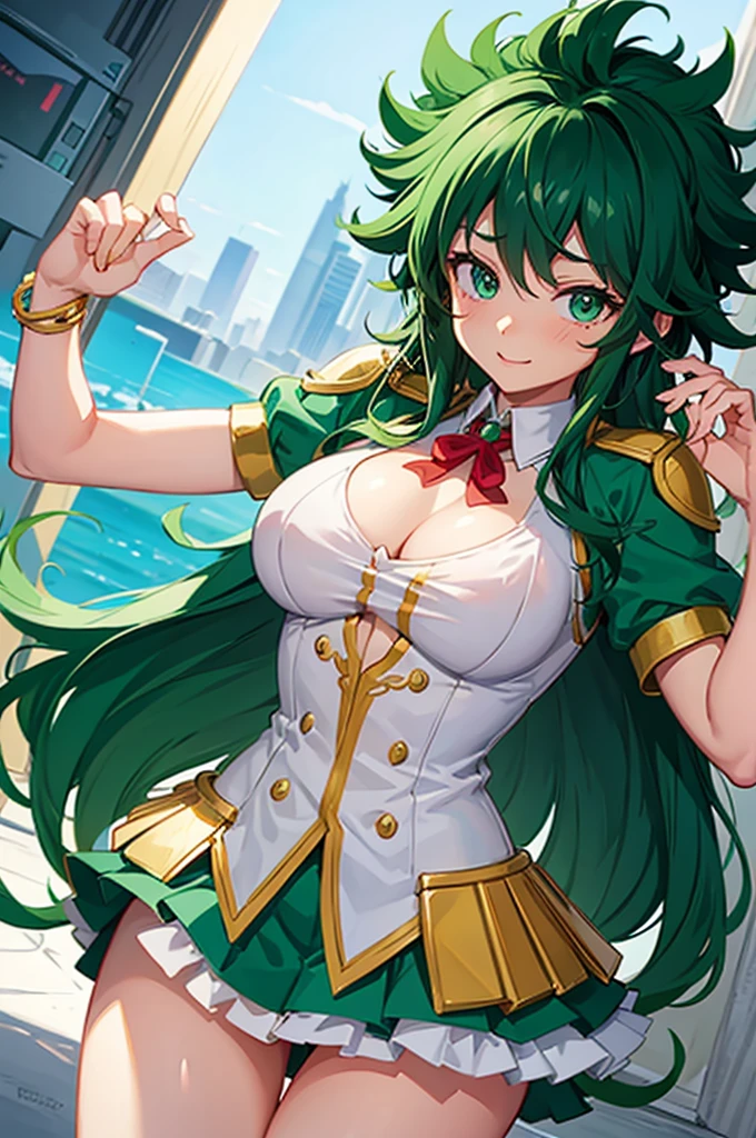 Izuku midoriya female, con un traje de heroe 