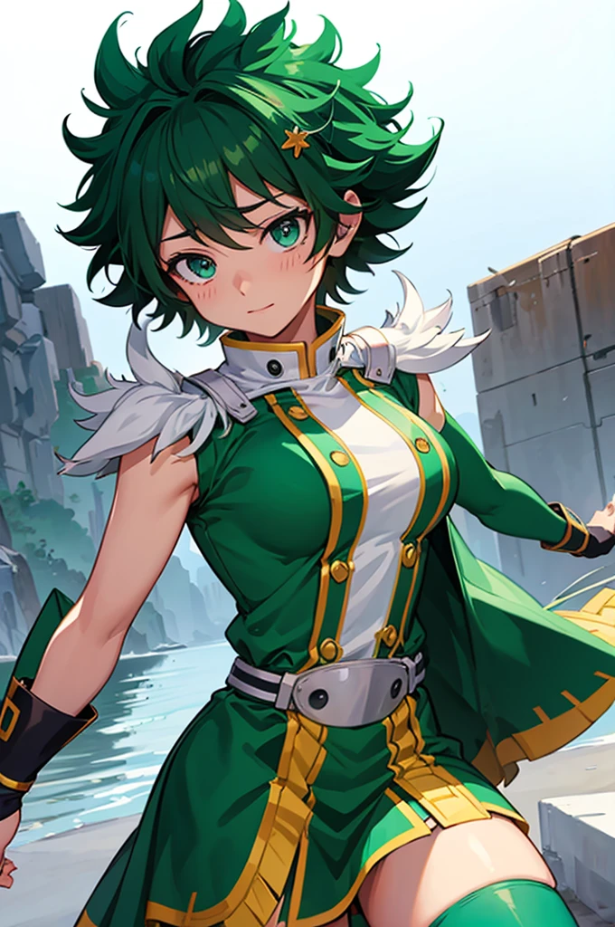 Izuku midoriya female, con un traje de heroe 