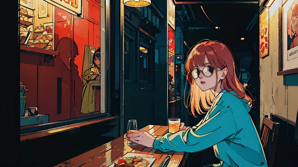 Beautiful Asian redhead sitting in a restaurant at night, visible from the window, perfect face, sunglasses, neon black, (backlit: 1.1), hard shadows, artwork, highest quality, complex, model shooting style, vintage, film grain, incomplete details.