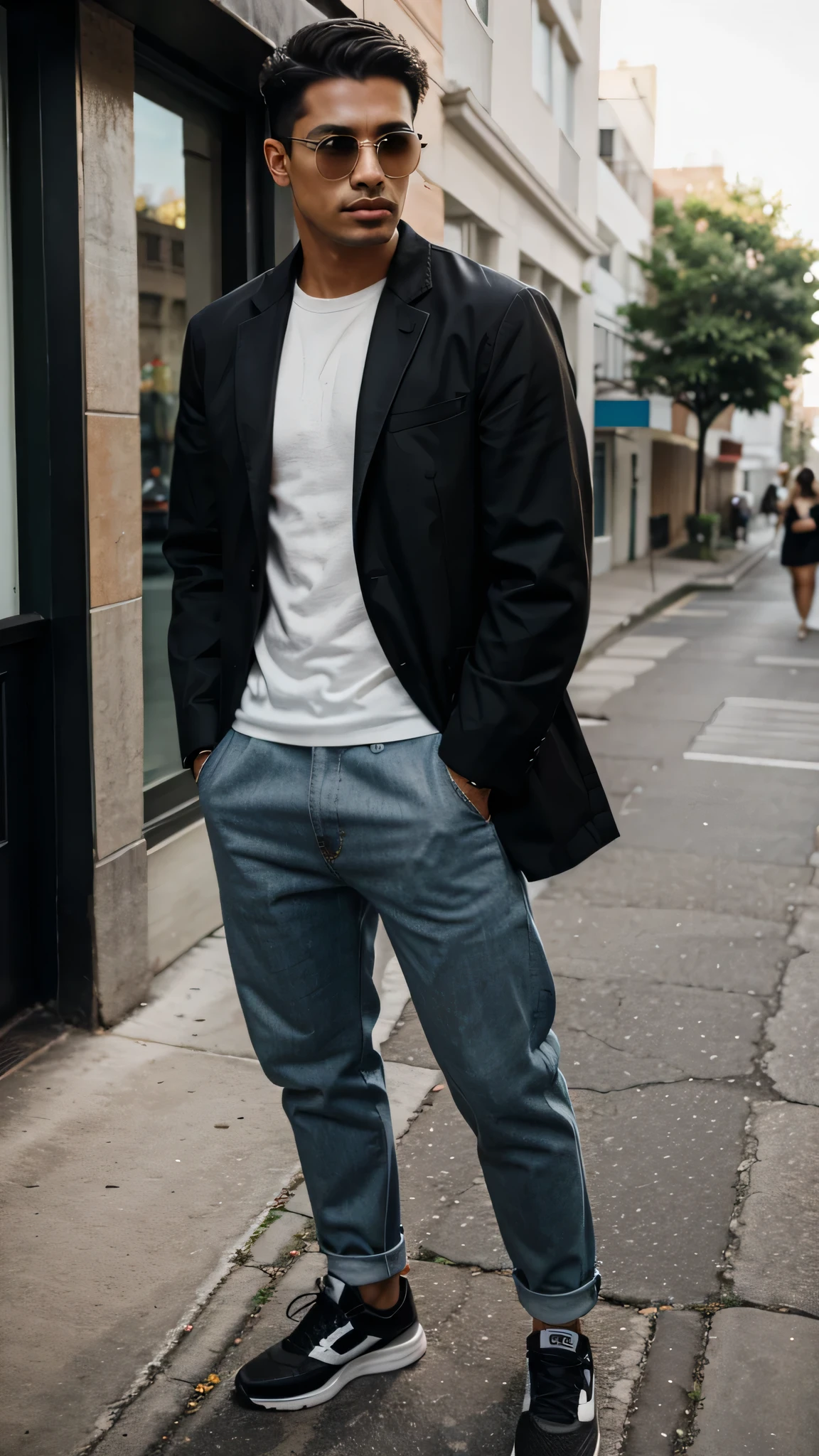 Latino model. Contemporary outfit