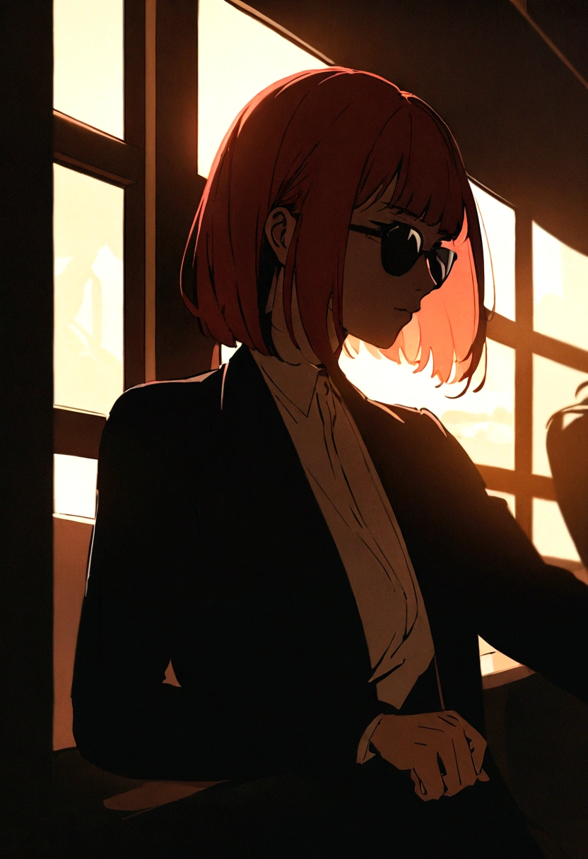 Beautiful Asian redhead sitting in a restaurant at night, visible from the window, perfect face, sunglasses, neon black, (backlit: 1.1), hard shadows, artwork, highest quality, complex, model shooting style, vintage, film grain, incomplete details.