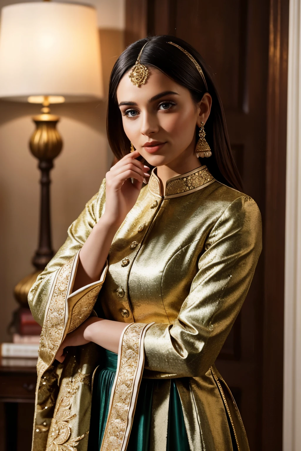 In this portrait photo, a beautiful 20-year-old female Instagram model exudes grace and elegance. She is fully dressed in an intricate Sharara Suit, a traditional desi ensemble that showcases rich cultural heritage. The Sharara Suit features a detailed and ornate design, with exquisite embroidery and embellishments that highlight the craftsmanship.
The model is bathed in soft, flattering lighting, with a rim light that outlines her figure and a key light that illuminates her face, emphasizing her delicate features and radiant complexion. The background is light, creating a subtle contrast that allows her vibrant attire to stand out.
Her pose is poised and confident, capturing the essence of a modern yet traditional beauty. This portrait not only highlights the model's stunning appearance but also the intricate details of her attire, making it a captivating and visually appealing image suitable for social media and fashion showcases.