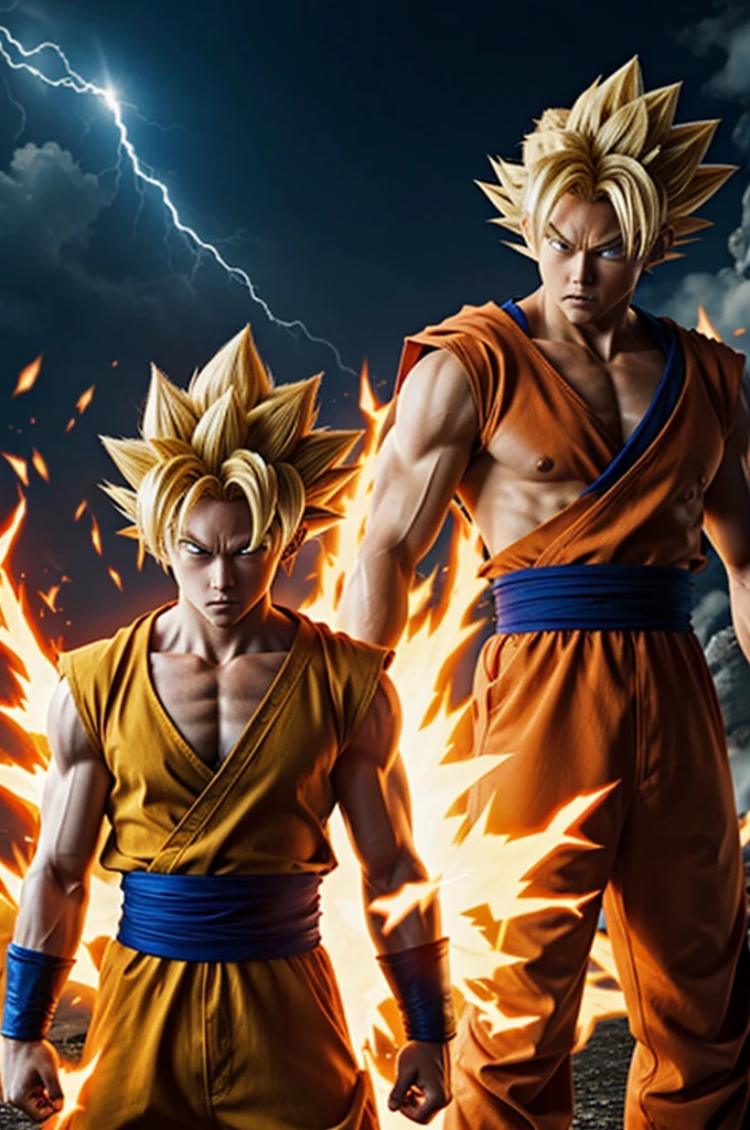 Goku super sayayin 5 with saitama's head above the ground