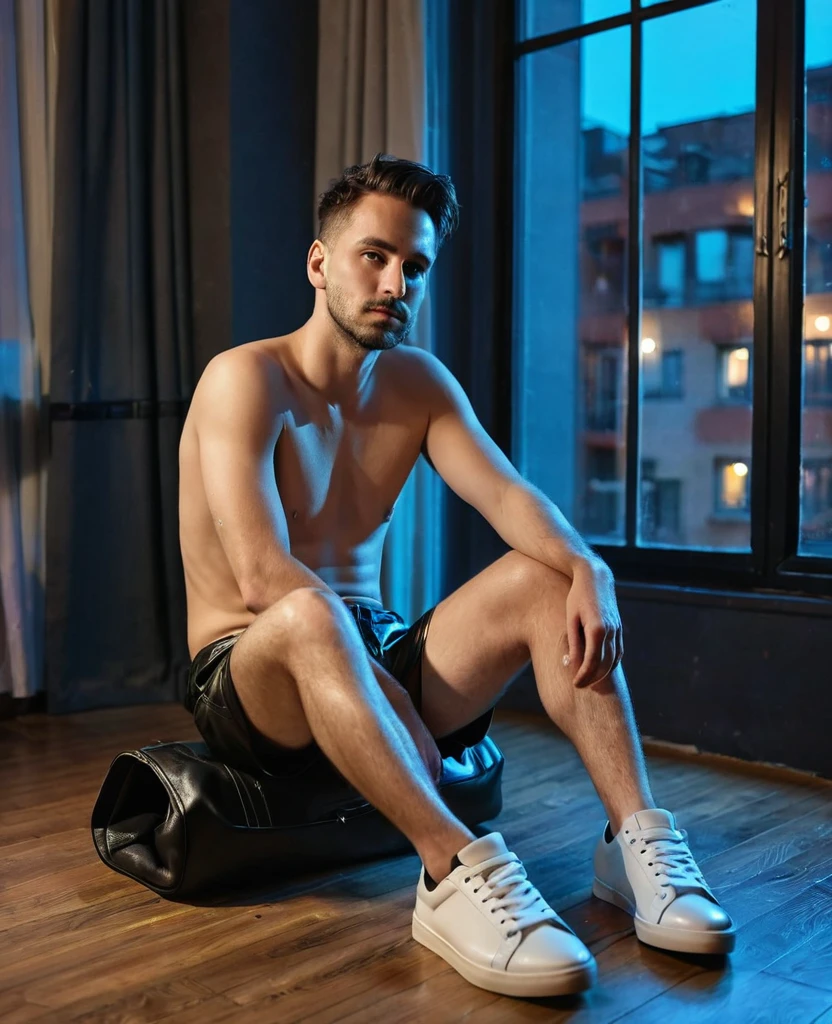 a handsome man lying on the floor, listening to music, feet on the bed, intricate details, photorealistic, cinematic lighting, high resolution, 8k, hyperrealistic, sharp focus, ultra-detailed, extremely detailed, realistic, stunning, dramatic lighting, moody atmosphere, warm tones, cozy room interior, wooden floor, bed with soft sheets, minimalist decor, headphones, focused expression, natural pose, beautiful face, strong jawline, perfect skin, gorgeous eyes, detailed facial features, stubble, wearing a white tank top and plaid boxers,