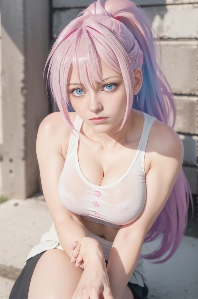 (8k, RAW photos, top quality, masterpiece: 1.2), (realistic, photorealistic: 1.37), (High Quality), (Ultra realistic), (High Details), (Face detail), (Shadow Detail), ((gigantic huge bresat : 1.5)), solo, 1 girl, pink hair, light blue eyes, ponytail, white tanktop, black short skirt, angry, candid, body sweats a lot, shikimori, NSFW