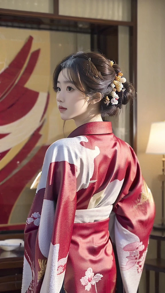 A beautiful girl wearing a red kimono with golden details, seen from behind and looking back, full body, highly detailed, photorealistic, 8k, (best quality:1.2), (realistic:1.37), warm colors, dramatic lighting, detailed texture, elegant hairstyle, detailed kimono patterns, intricate embroidery, (masterpiece:1.2), crisp focus, cinematic composition