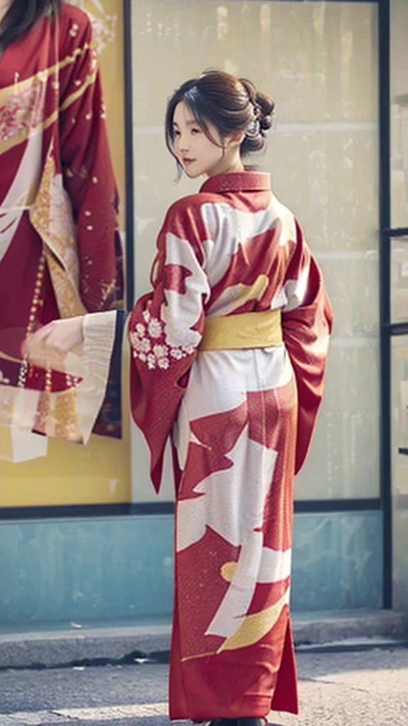 A beautiful girl wearing a red kimono with golden details, seen from behind and looking back, full body, highly detailed, photorealistic, 8k, (best quality:1.2), (realistic:1.37), warm colors, dramatic lighting, detailed texture, elegant hairstyle, detailed kimono patterns, intricate embroidery, (masterpiece:1.2), crisp focus, cinematic composition