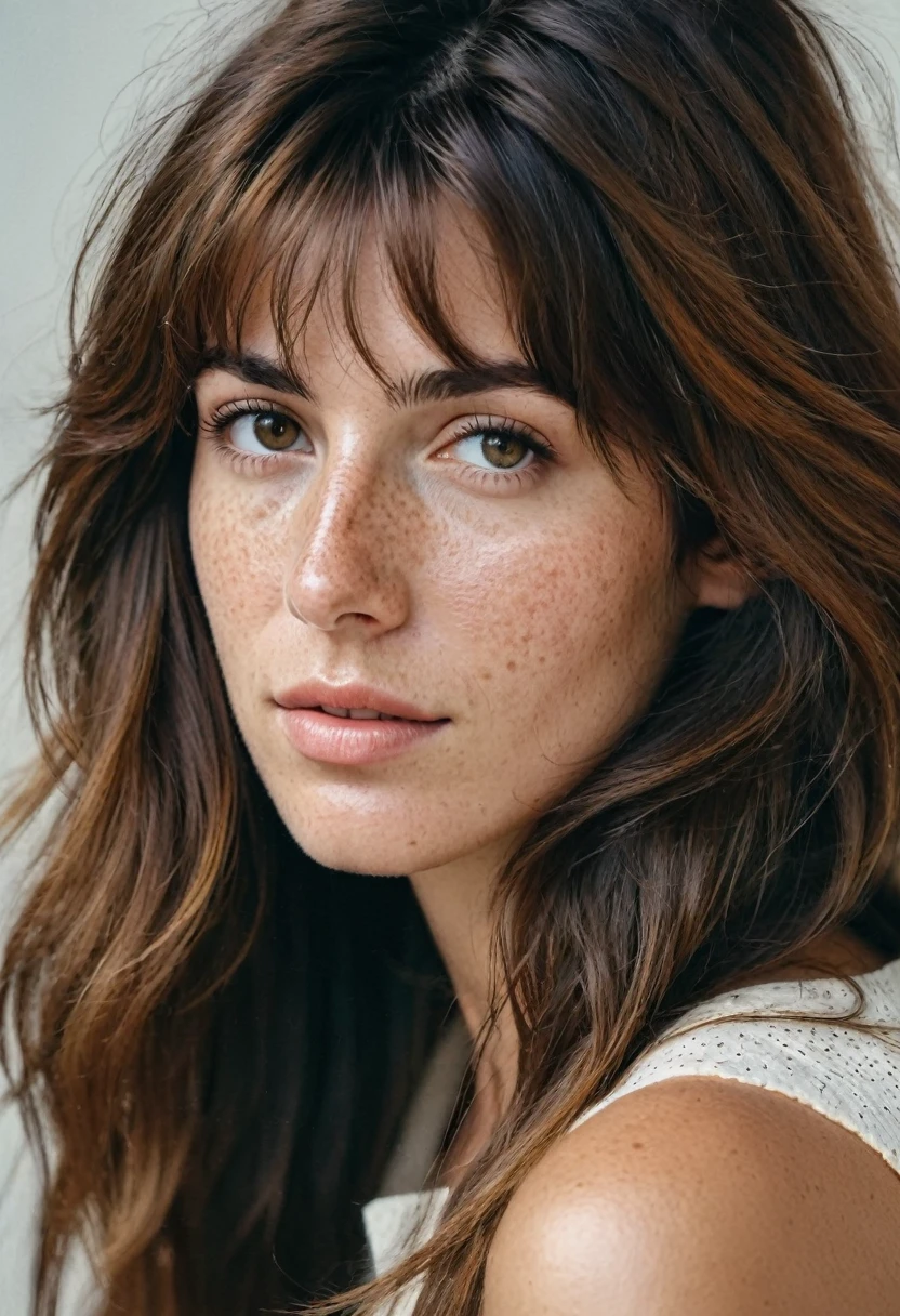 Portrait of Roberta Gemma, italian woman, 30 years old, face highly detailed, natural skin with light freckles, light make-up, Long Shag with Side Bangs hair.