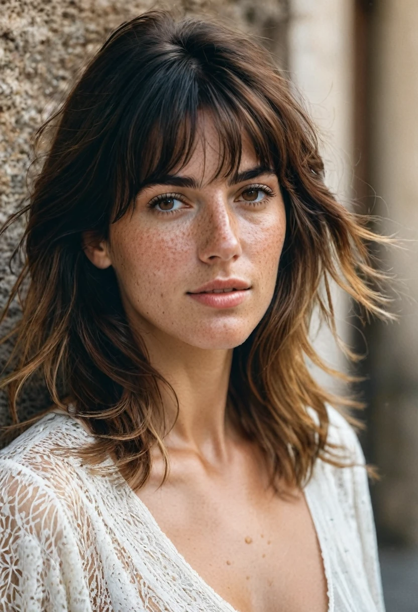 Portrait of Roberta Gemma, italian woman, 30 years old, face highly detailed, natural skin with light freckles, light make-up, Long Shag with Side Bangs hair.