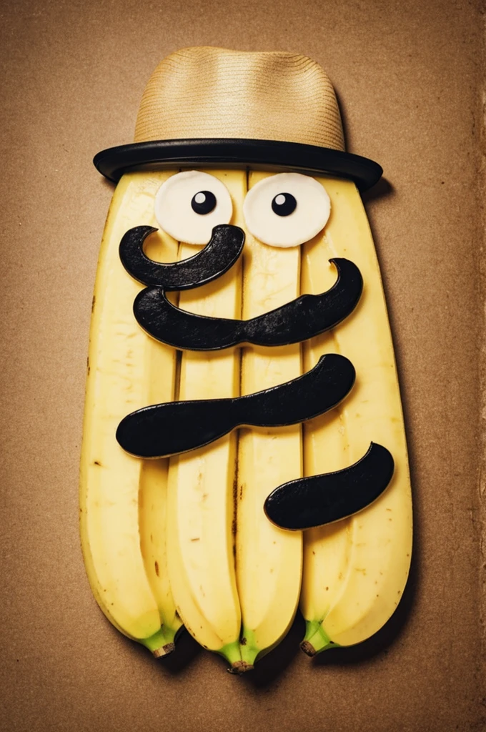 Believe me the image of a banana with a hat and mustache and below it says Mister Chopped