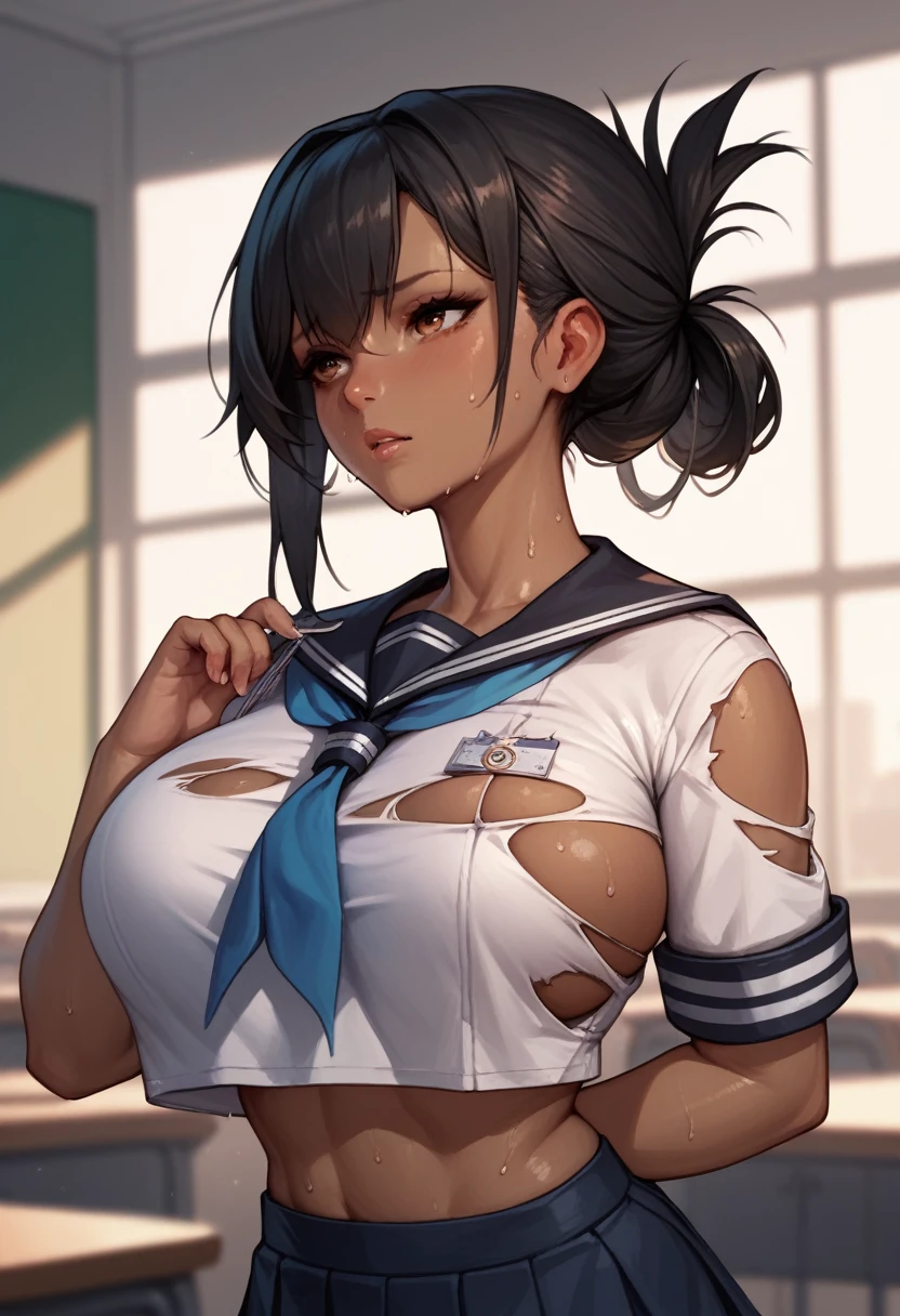 (((Dark brown skin))) Azur Lane Sailor suit torn shirt Black Hair sweat (((folded ponytail))) classroom Love juice
