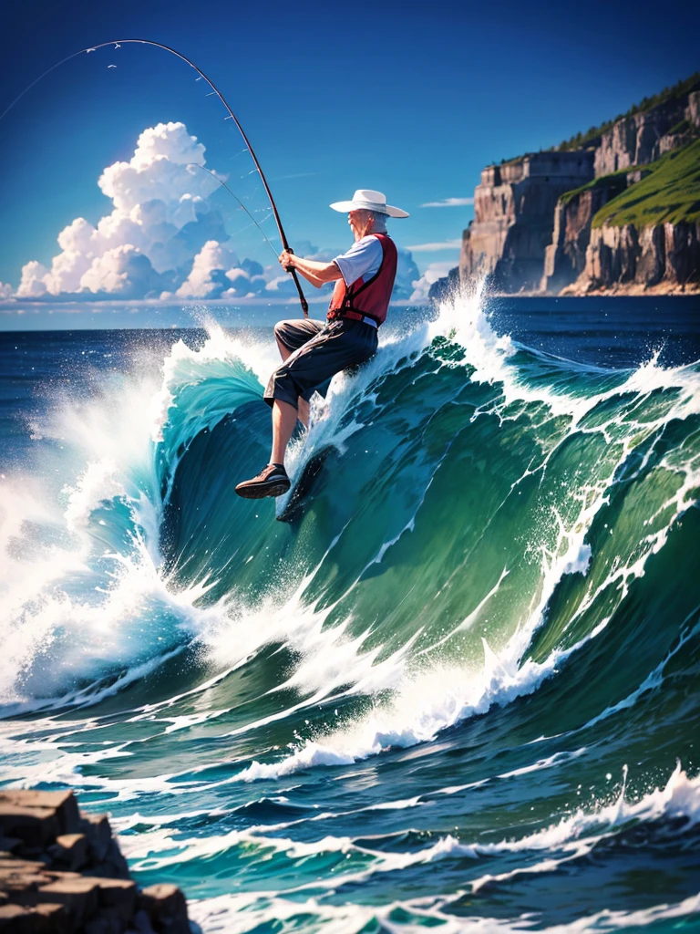 Highest quality,Highest Resolution,An old man fishing on the rocks in the sea,Wave Splash,The moment of catching fish,