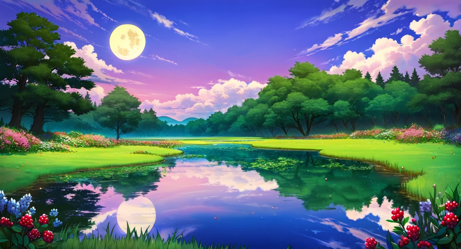 scenery, a pond, green forest, reflective water, clouds, dramatic clouds, beautiful sky, beautiful scenery, wild flowers, tall grass, pastel colors, berry bushes, round trees, dusk, purple sky, dramatic glowing moon