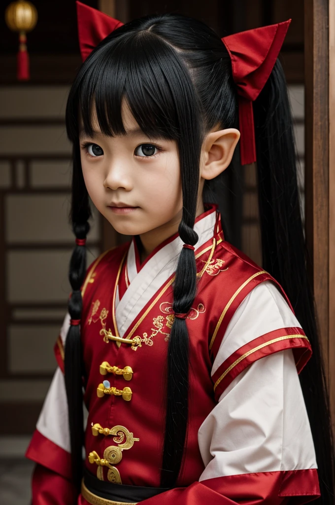 A boy, long black hair, with a pigtail, Red eyes, in traditional black and red Chinese clothing, Elf's ears. having a snake.