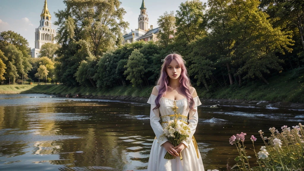 hdr digital image, 8k, most beautiful image in the world, high walls, white ivory walls with gold, a large deep river, surrounded by tall trees, colorful flowers, a golden tower in the background, a beautiful young Russian woman, 30 years old , cute, long light purple hair, close to the river