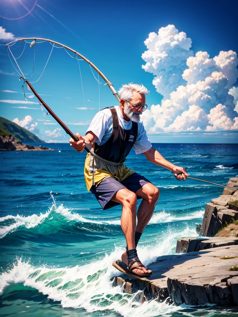 Highest quality,Highest Resolution,An old man fishing on the rocks in the sea,The moment of catching fish,