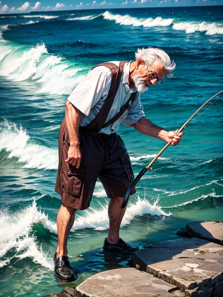 Highest quality,Highest Resolution,An old man fishing on the rocks in the sea,The moment of catching fish,