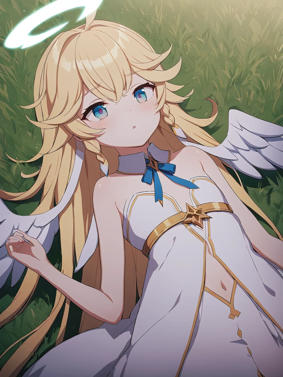Zaora, blue eyes, (Variegated eyes:0.5), Blonde, Very long hair, Twin Blade, bangs, Ahoge, Hello, Angel, Flat Chest, White Dress, Belly button cutout, Detachable collar, Strapless, Neck ribbon, Bare shoulders, Angel wings, barefoot, One girl, Solo Break Space, grassland, Lying down, Upper Body, Depth of written boundary, Cinematic, masterpiece, Highest quality, Game CG