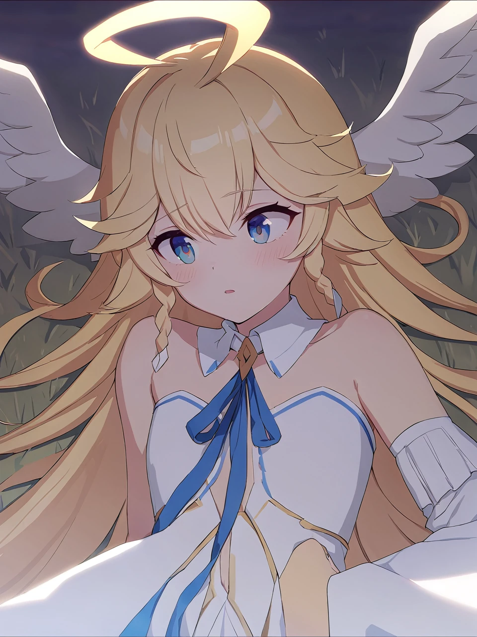 Zaora, blue eyes, (Variegated eyes:0.5), Blonde, Very long hair, Twin Blade, bangs, Ahoge, Hello, Angel, Flat Chest, White Dress, Belly button cutout, Detachable collar, Strapless, Neck ribbon, Bare shoulders, Angel wings, barefoot, One girl, Solo Break Space, grassland, Lying down, Upper Body, Depth of written boundary, Cinematic, masterpiece, Highest quality, Game CG