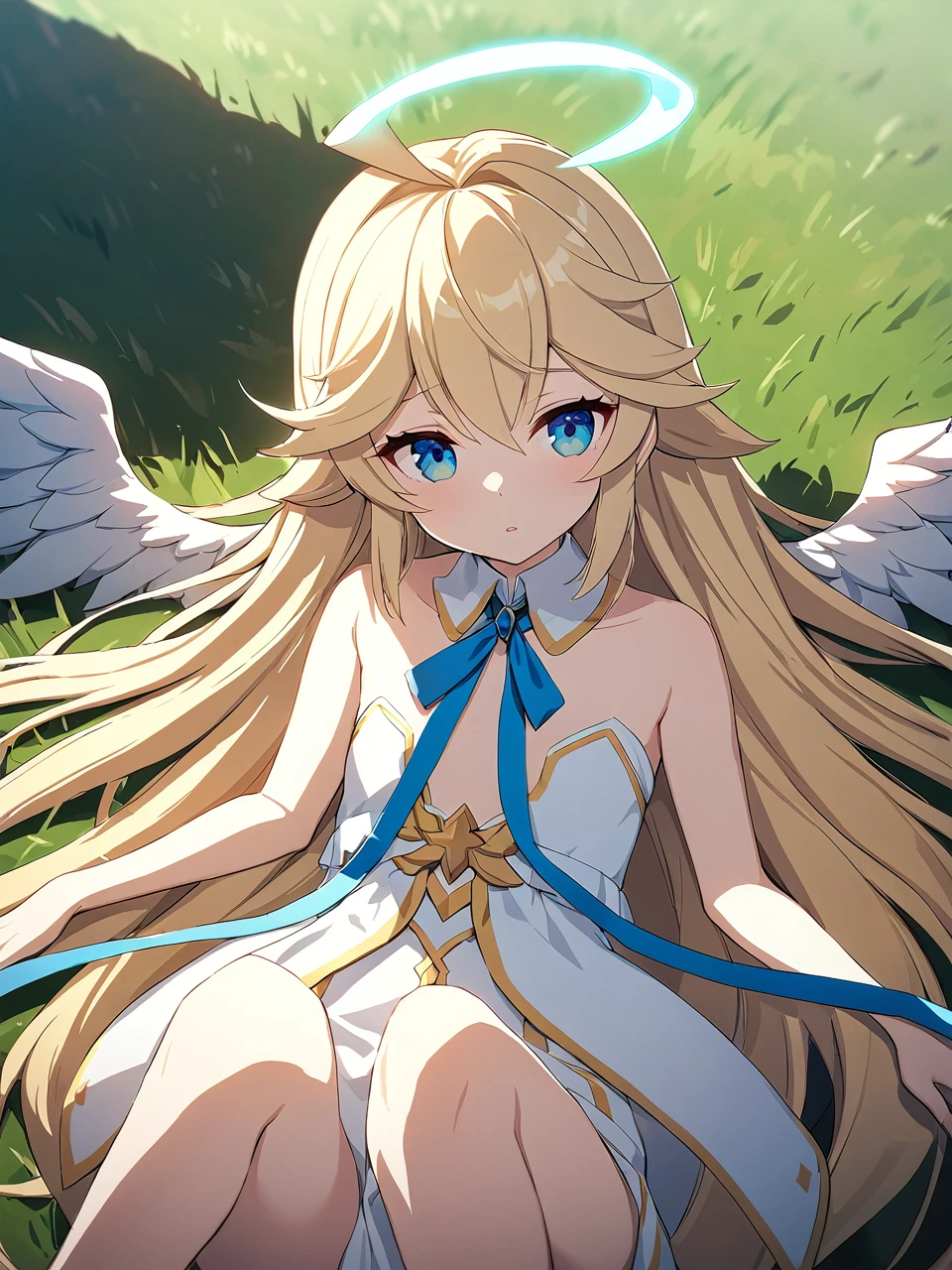 Zaora, blue eyes, (Variegated eyes:0.5), Blonde, Very long hair, Twin Blade, bangs, Ahoge, Hello, Angel, Flat Chest, White Dress, Belly button cutout, Detachable collar, Strapless, Neck ribbon, Bare shoulders, Angel wings, barefoot, One girl, Solo Break Space, grassland, Lying down, Upper Body, Depth of written boundary, Cinematic, masterpiece, Highest quality, Game CG