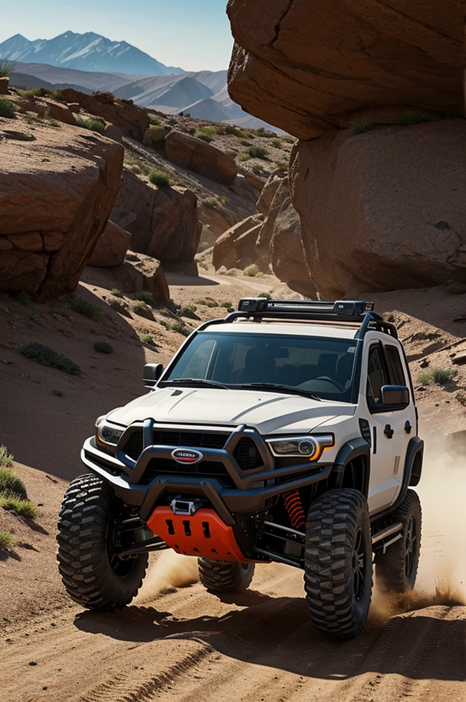 An all terrain vehicle, with the ability to walk on any terrain and surface, with striking colors and a unique visual impact.