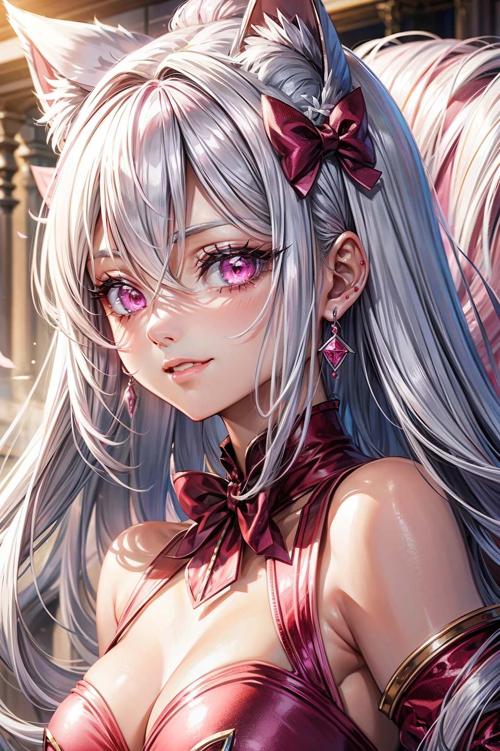 Silver hair, pink eyes, body, cat ears, woman, earrings, fantasy background, pink red clothes, hair bows, happy face