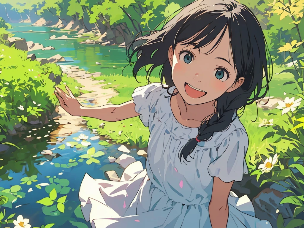 Reasonable design, Clear lines, High Sharpness, (Highest quality,8K,Perfect sharpness,Ultra fine,High resolution,masterpiece:1.2), Perfect Anatomy:1.5, Official Art, Illustrations that tell a story, (Whitish background:0. 9）、Body Positivity、多Mr.な身体表現、（Random and energetic poses）、Perfect beauty、Perfect beautiful face、Strong winds、A rich expression、Dynamic composition、smile、Golden ratio composition、colorful、（(Mr.々Different angles and perspectives)）、Anime Art、(Mini dress)、（Overcoming stereotypes）、 Glowing Skin、（Natural beauty）、smile、Bangs、（Soft and flowing hair）、（countryside）、（Nostalgic atmosphere）、Put up to your feet、（Playful and carefree）、（多Mr.な民族のキャラクター）、（innocent attitude）、（Sunny atmosphere）、(The skirt flutters wildly in the wind)、（Bright colors）、Beautiful Eyes、(Embarrassing)、Braided Hair、Summer Scene、Smiling among flowers、Angle from above、