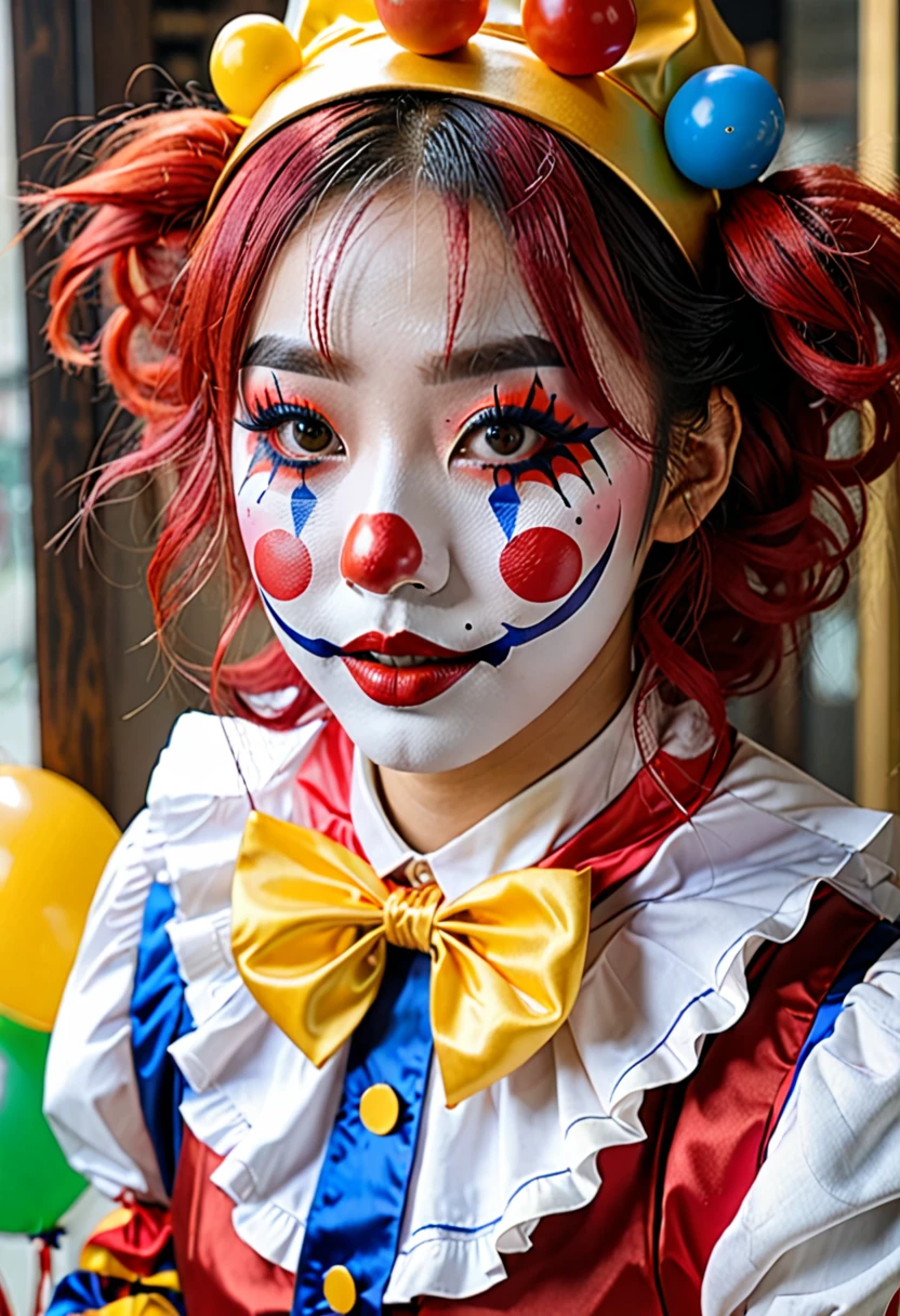 (best high quality:1.5), obra de arte, (8k), extremely detailed, (High details:1.4), Solo, ((Go Youn-jung)), 24 year old Korean Ulzzang female, (cosplay pomni clown),