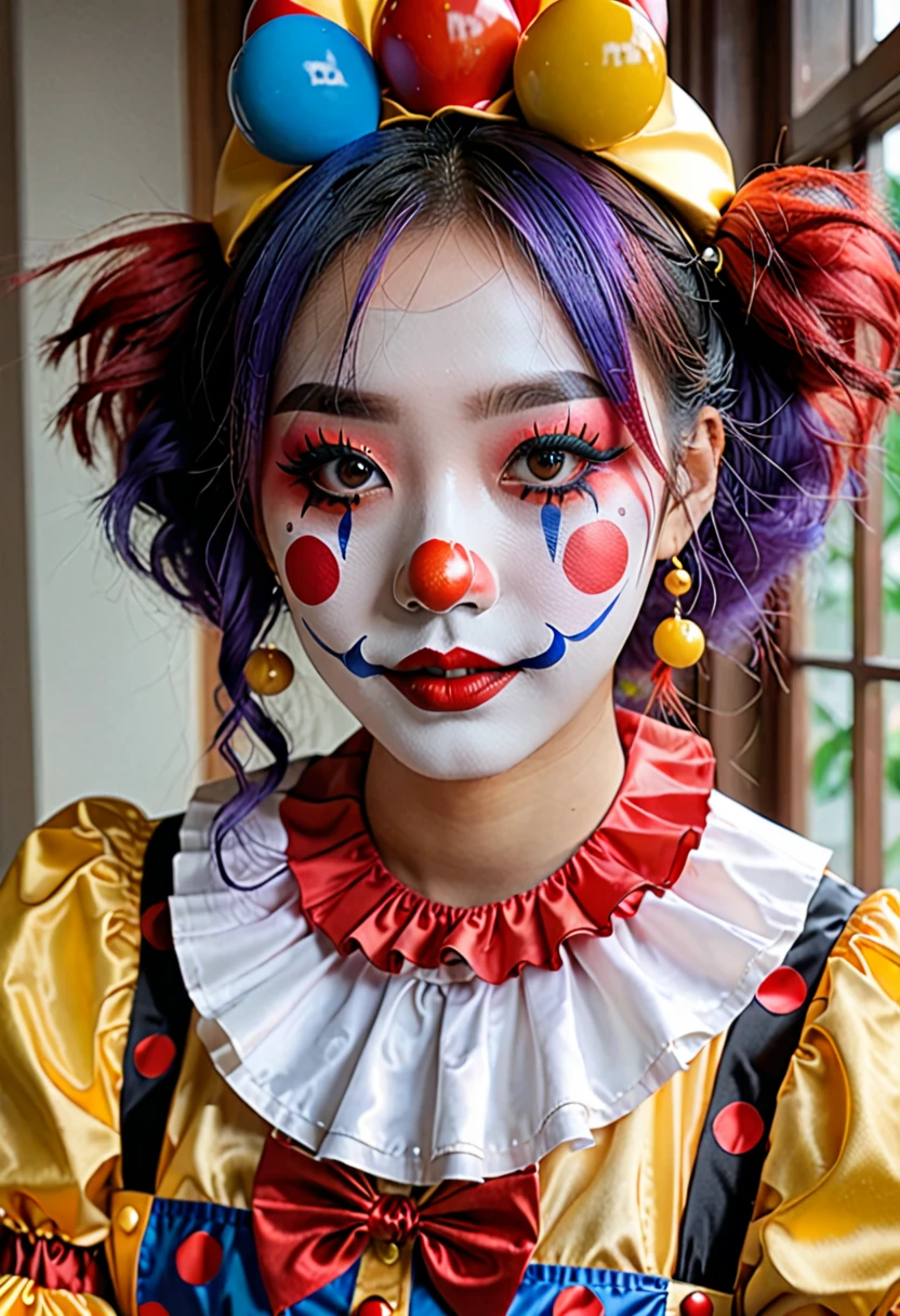 (best high quality:1.5), obra de arte, (8k), extremely detailed, (High details:1.4), Solo, ((Go Youn-jung)), 24 year old Korean Ulzzang female, (cosplay pomni clown),