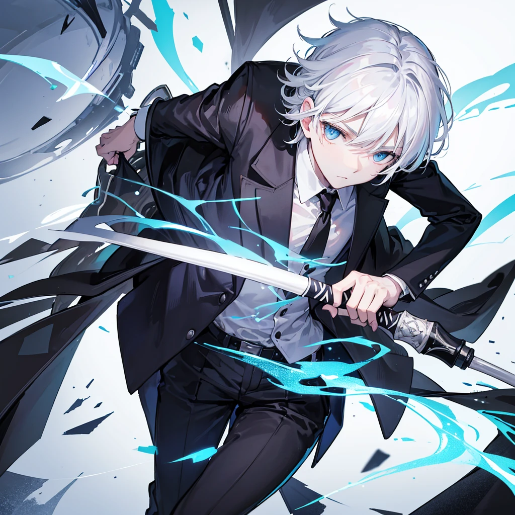 A young man, white hair, blue eyes, wearing a black suit, standing with his back, holding a baseball bat.