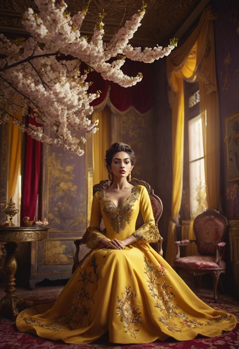a woman in a yellow dress sitting in a room with a cherry tree, lady using yellow dress, stunning elegant pose, miss aniela, royal elegant pose, portrait shot, regal pose, seated in royal ease, royal gown, high - end fashion photoshoot, haute couture fashion shoot, indian empress, yellow ornate dress, fine art fashion photography, ornate royal gown