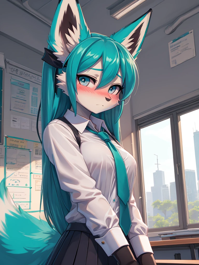 Miku Hatsune x vixen student costume, whole body, best high definition lighting, blushing face add_detail:1, Classroom, begins to unbutton her blouse add_detail:1, open blouse, parciality open blouse add_detail:1