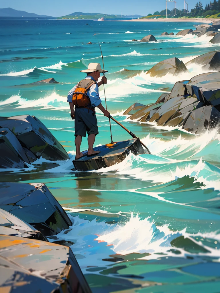 Highest quality,Highest Resolution,An old man fishing on the rocks in the sea,The moment of catching fish,