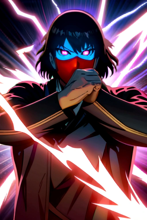 Anime Reality, detailed anime, anime styling, super verbose, high details, masterpiece, high quality, high resolution, black hair, black haired anime man, glowing eyes, blue glowing eyes, covered mask, covering mouth, red mask, action pose, lightning background, lightning aura