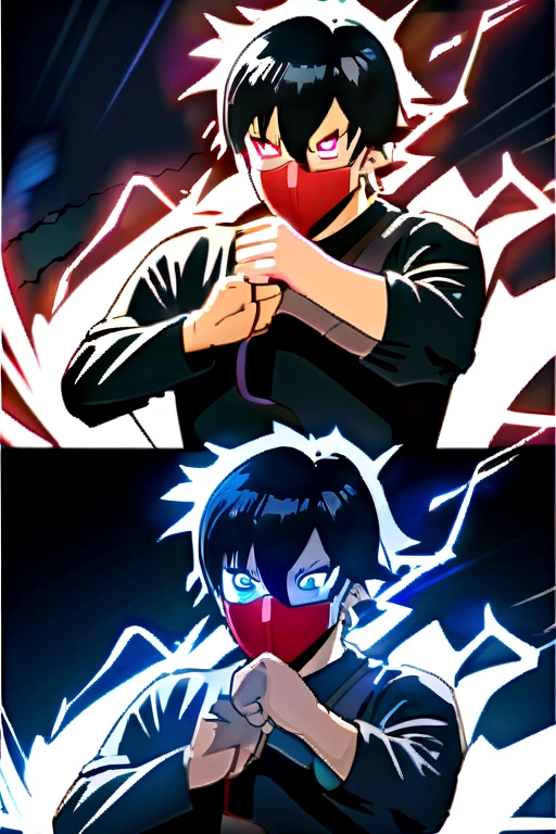 Anime Reality, detailed anime, anime styling, super verbose, high details, masterpiece, high quality, high resolution, black hair, black haired anime man, glowing eyes, blue glowing eyes, covered mask, covering mouth, red mask, action pose, lightning background, lightning aura
